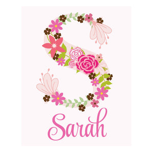 Personalized Pink Floral Letter And Name Wall Decor