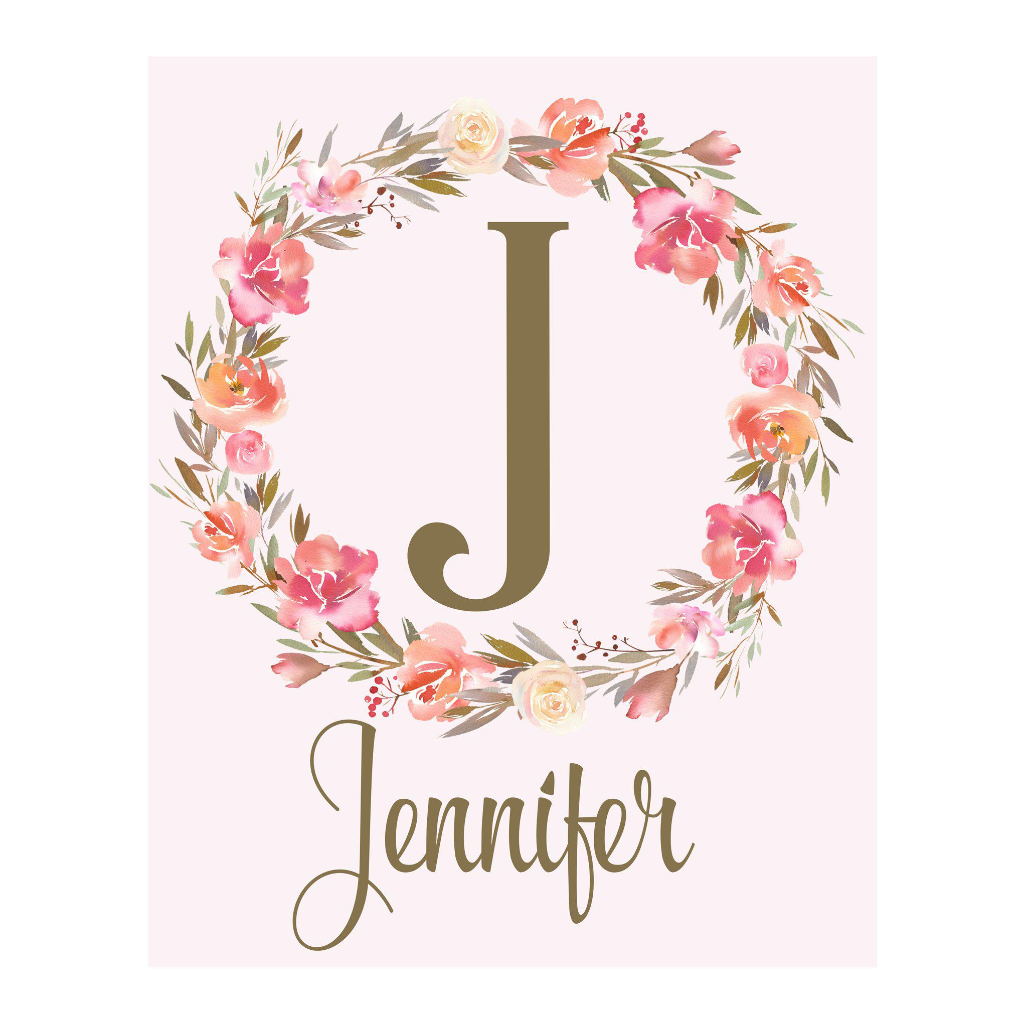 Flower Wreath with Personalized Monogram Initial Letter J on Pink