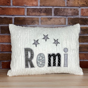 personalized pillow for boy with gray and black applique name