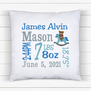 Personalized Birth Statistics Pillow - Embroidered Boy Rocking Horse Design