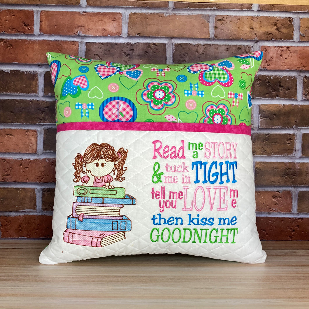 Girl Reading Pillow With Embroidered Pocket