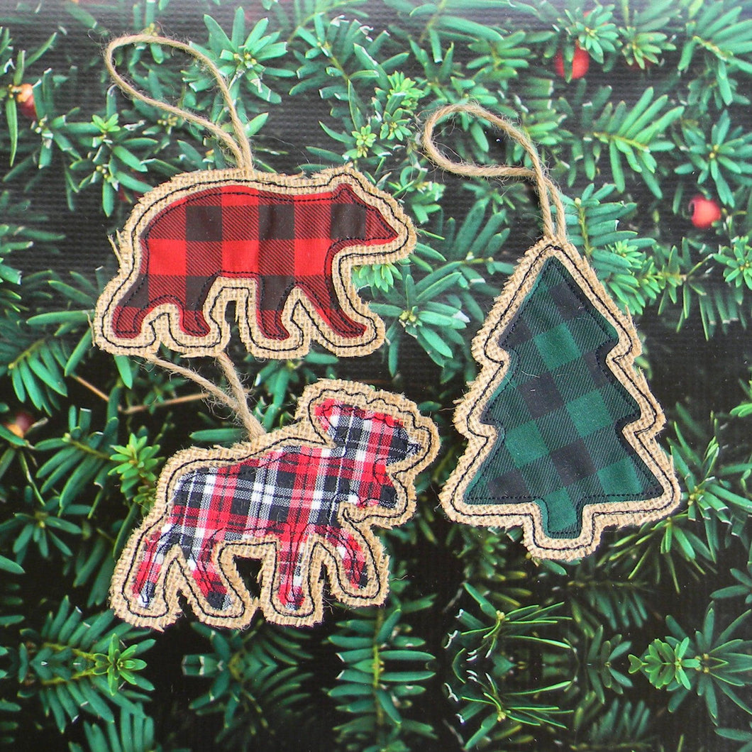 Rustic Burlap Christmas Ornaments - Set of Three Ornaments