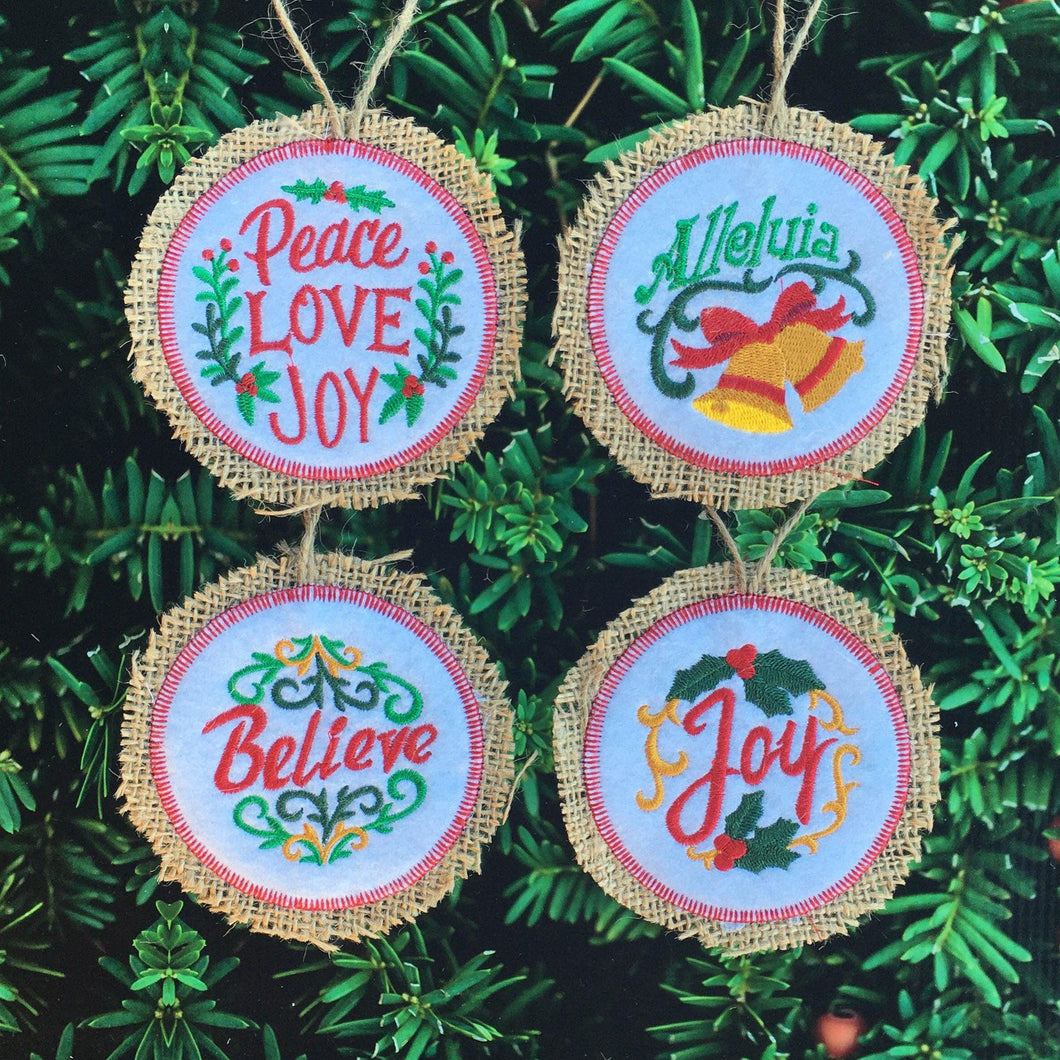 Set of 4 Embroidered  Ornaments - Burlap