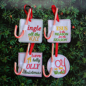 Embroidered Candy Cane Christmas ornaments or gift tags - Set of Four
