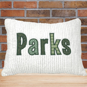 Personalized throw pillow for boys - white chenille fabric with forest green applique name embroidery - gift for baby boy