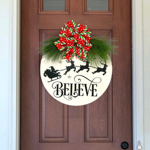 Christmas Round Wood Door Wreath - Believe With Sleigh