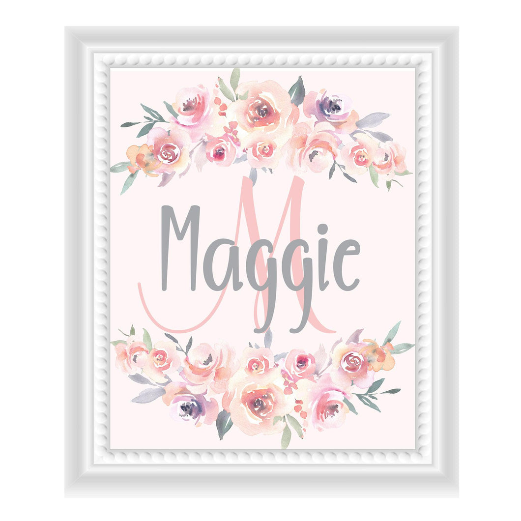 Pink And Gray Floral Initial And Name Wall Décor