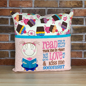 Girl Reading Pillow With Embroidered Pocket