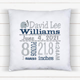 Personalized Birth Statistics Pillow - Embroidered Baby Elephant Design