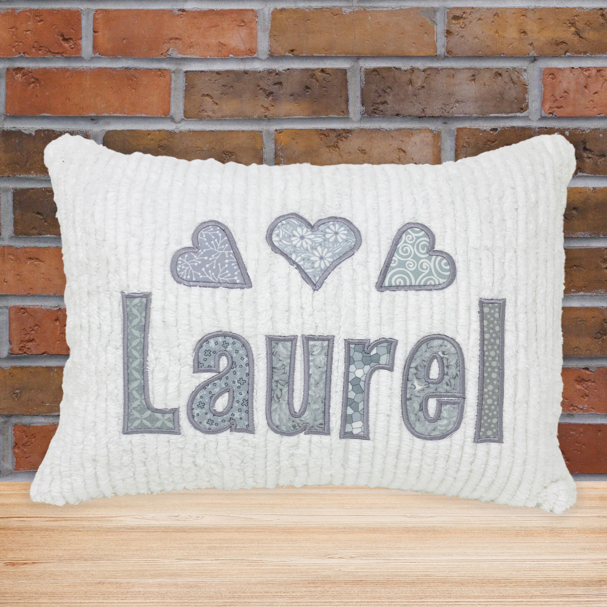 personalized pillow for girl - light gray applique name and hearts