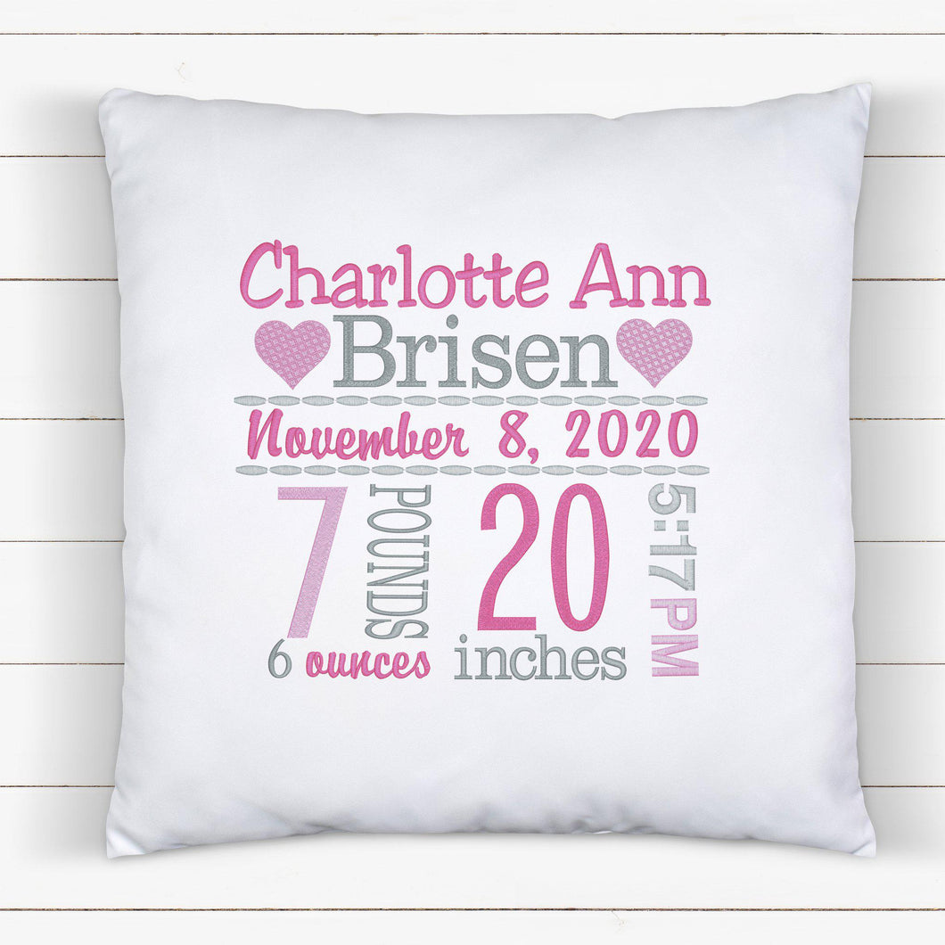 Personalized Birth Statistics Pillow - Embroidered Hearts Design