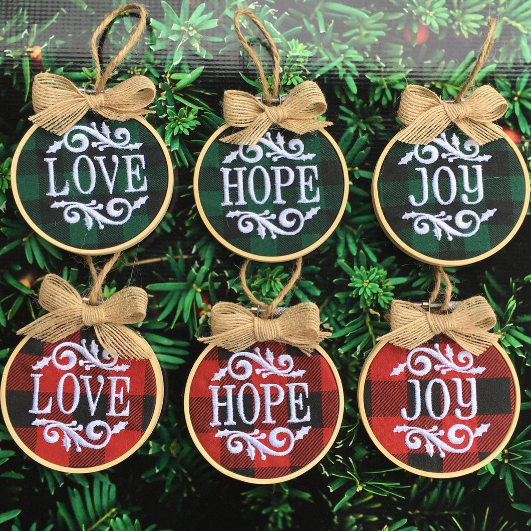 Set of 3 Embroidered Hoop Ornaments - Love Joy Hope