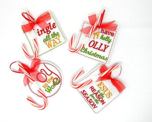 Embroidered Candy Cane Christmas ornaments or gift tags - Set of Four