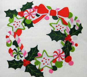 Embroidered Christmas Candy Wreath Pillow