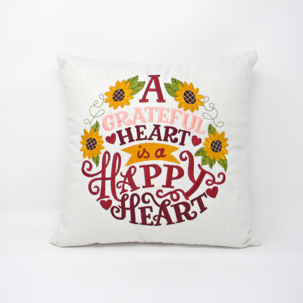 Embroidered Thanksgiving Pillow - A Grateful Heart is a Happy Heart