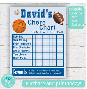 Sports Chore Chart - Editable Digital Download