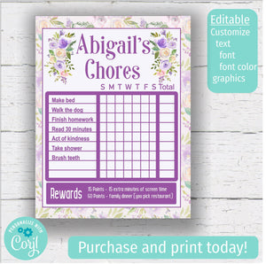 Purple Floral Chore Chart - Digital Download