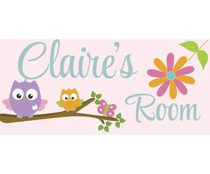 Personalized Name Sign - Girl Design - Pink Owls and Flowers