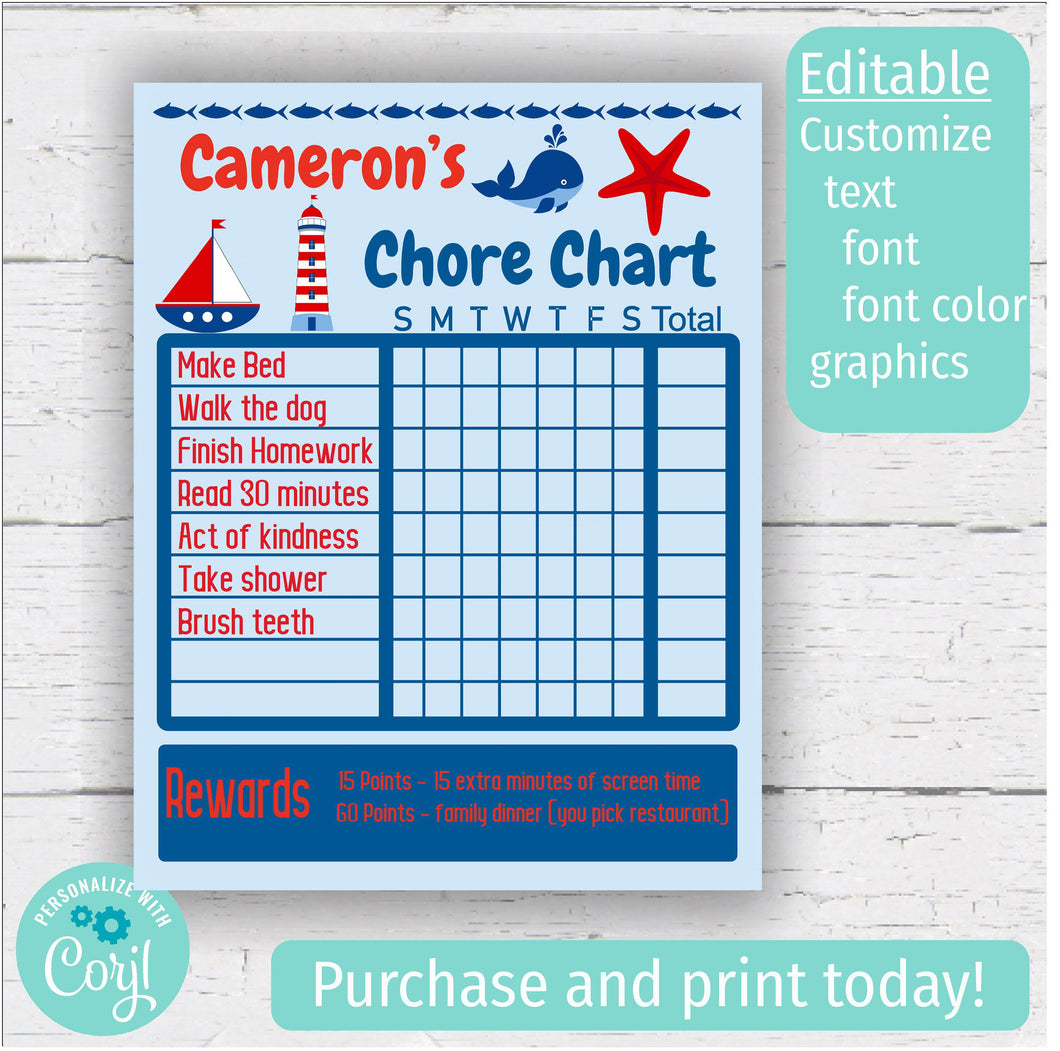 Nautical Chore Chart - Digital Download