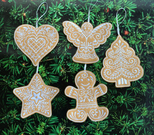 Handmade Gingerbread Embroidered Christmas Ornaments - Large - set of 5