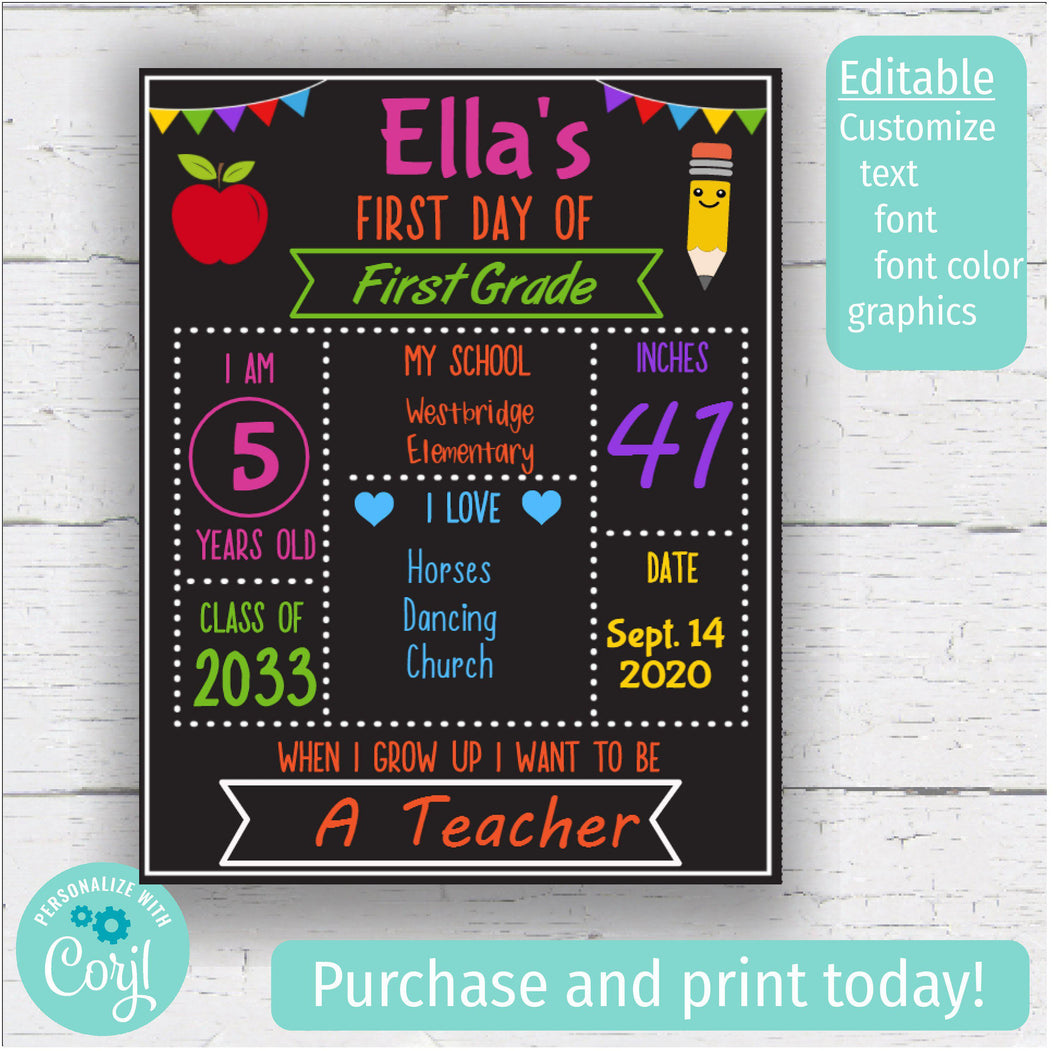 First and Last Day Personalized School Blackboard Sign - Printable