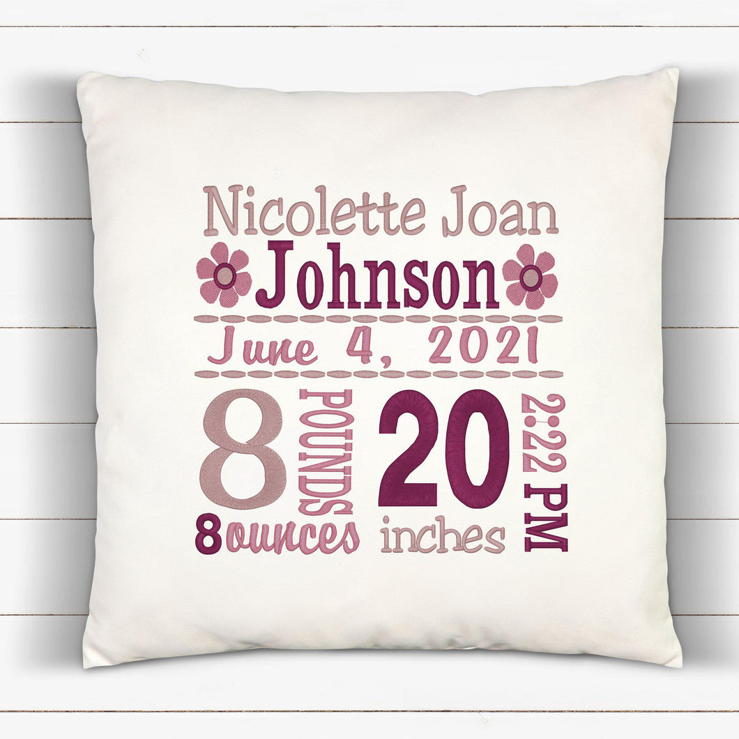 Personalized Birth Statistics Pillow - Embroidered Flowers Design