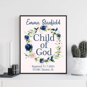 Baptism Wall Décor - Personalized Navy and Blush Floral Keepsake For Girls