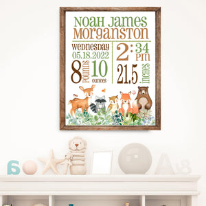 Woodland Animals Birth Statistics Art Print - Boy