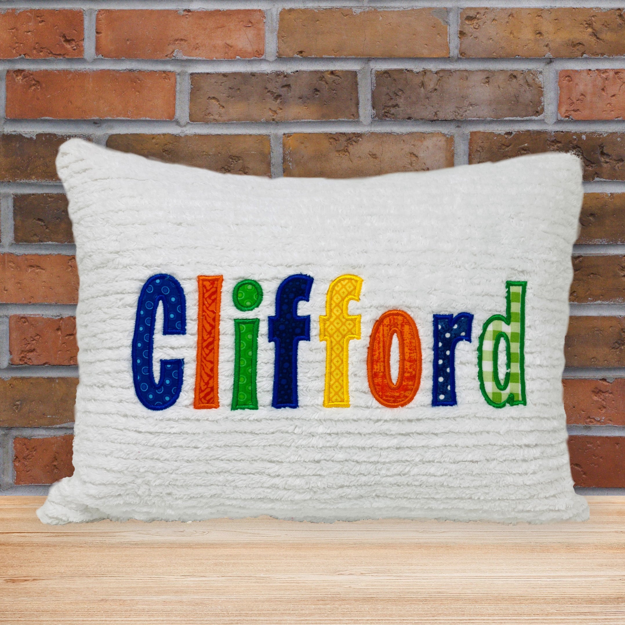 white chenille personalized pillow for kids - primary colors applique name 