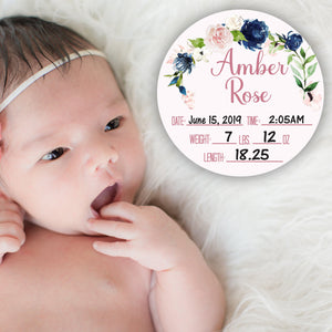 Birth Stat Sign - Navy and Blush Floral - Peronalized