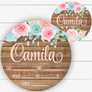 Birth Stat Sign - Pink And Mint Floral on Wood Background