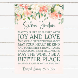 Baptism Wall Décor - Personalized Peach Floral Keepsake For Girls