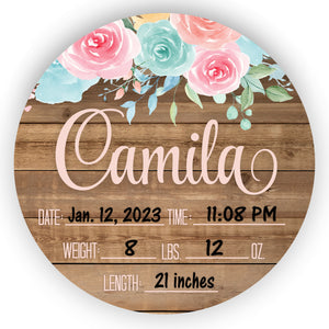 Birth Stat Sign - Pink And Mint Floral on Wood Background