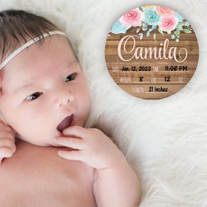 Birth Stat Sign - Pink And Mint Floral on Wood Background