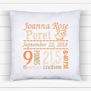 Personalized Birth Statistics Pillow -Embroidered Baby Pig Design