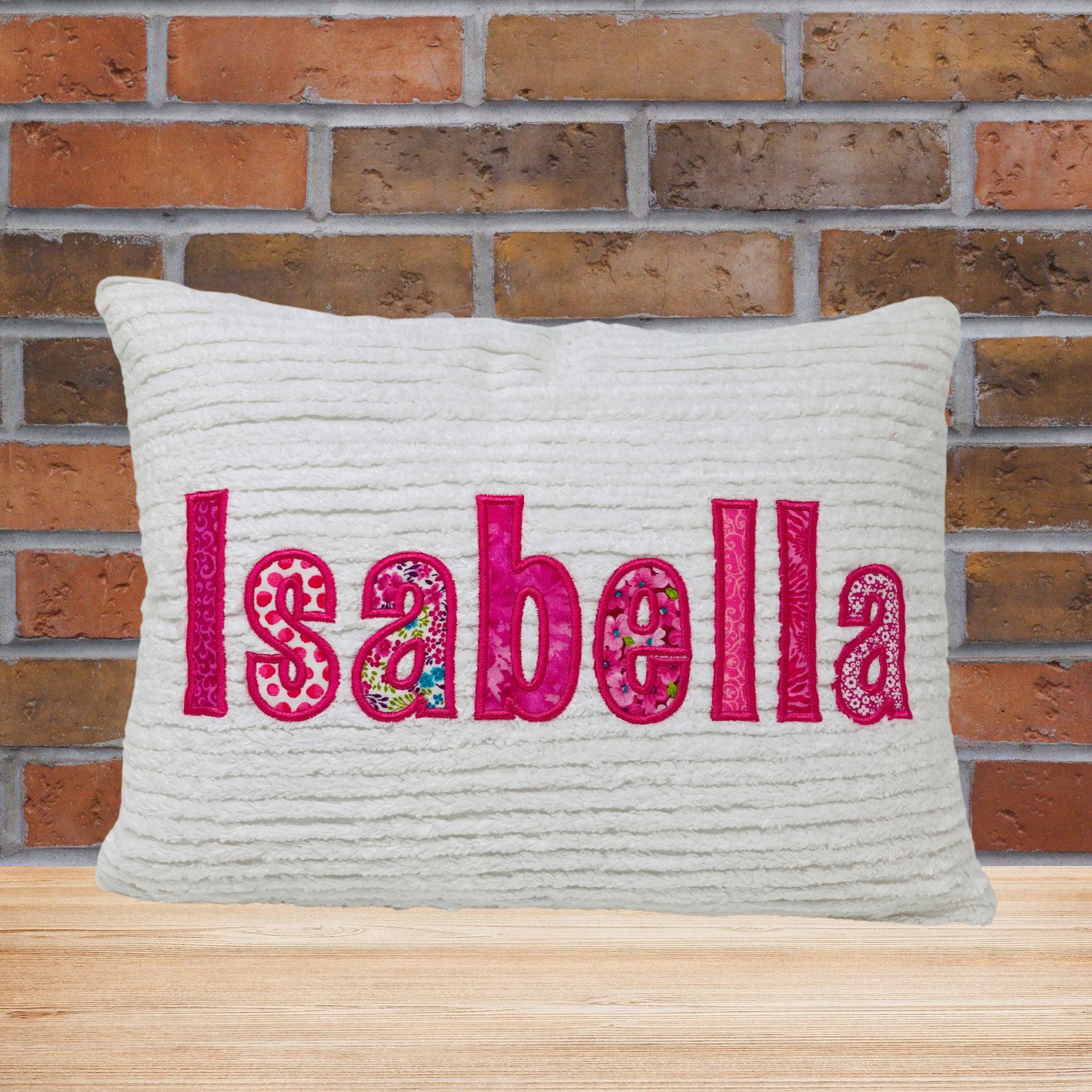 Personalized throw pillow for girls - white chenille fabric with bright pink applique name