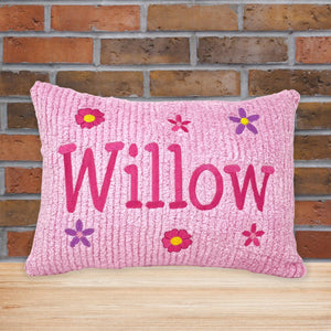 Personalized throw pillow for girls - pink chenille fabric with embroidery