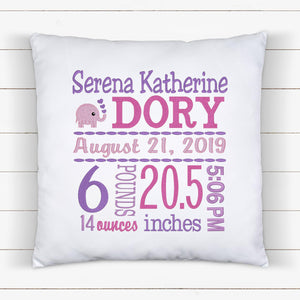 Personalized Birth Statistics Pillow - Embroidered Pink And Purple Design