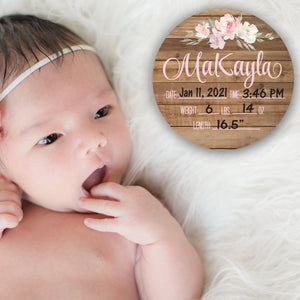 Birth Stat Sign - Pink Floral on Wood Background