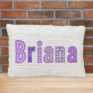 Name pillow for girl - purple applique name on white chenille fabric