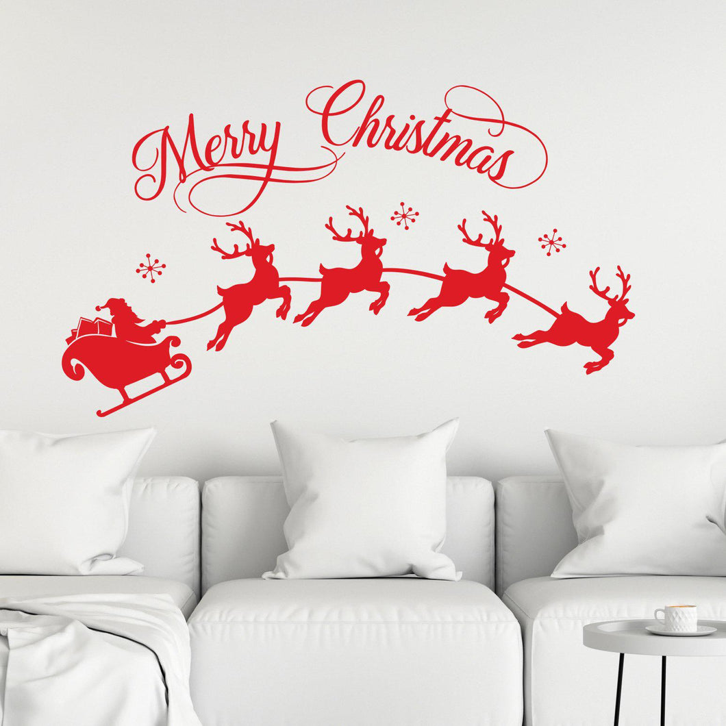 Santa reindeer Merry Christmas wall decal