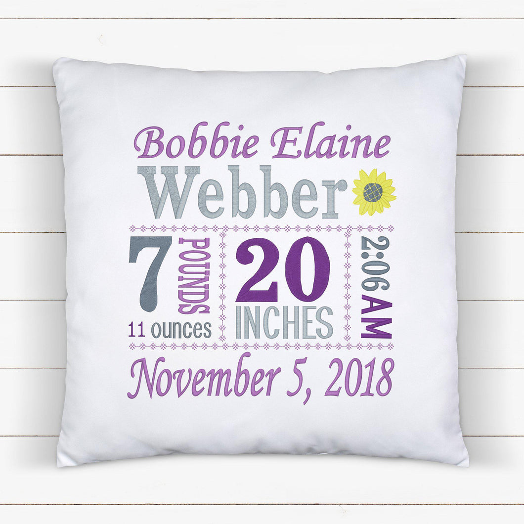 Personalized Birth Statistics Pillow - Embroidered Sunflower Design