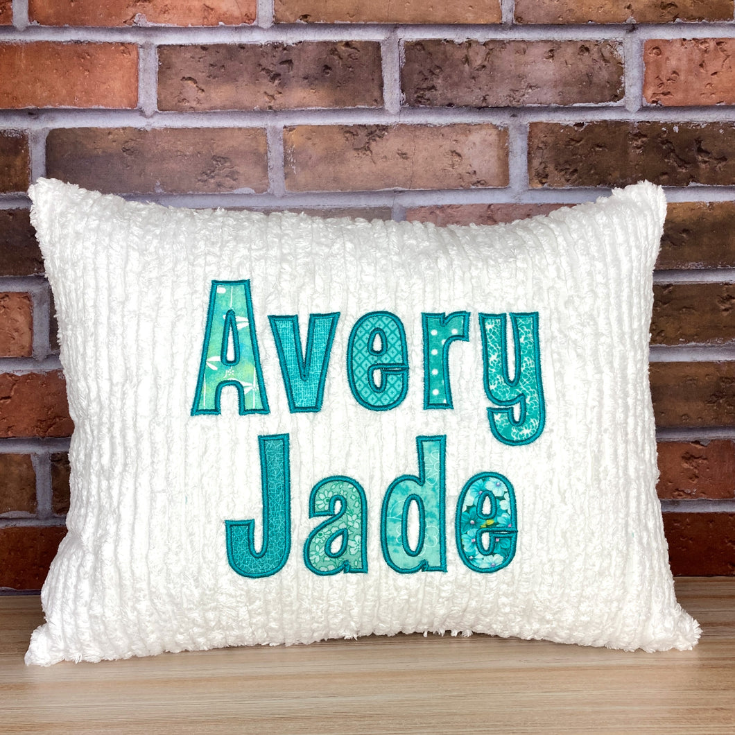 personalized name pillow for girl-  multiple teal colored applique name