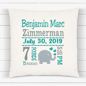 Personalized Birth Statistics Pillow - Embroidered Teal Elephant Design