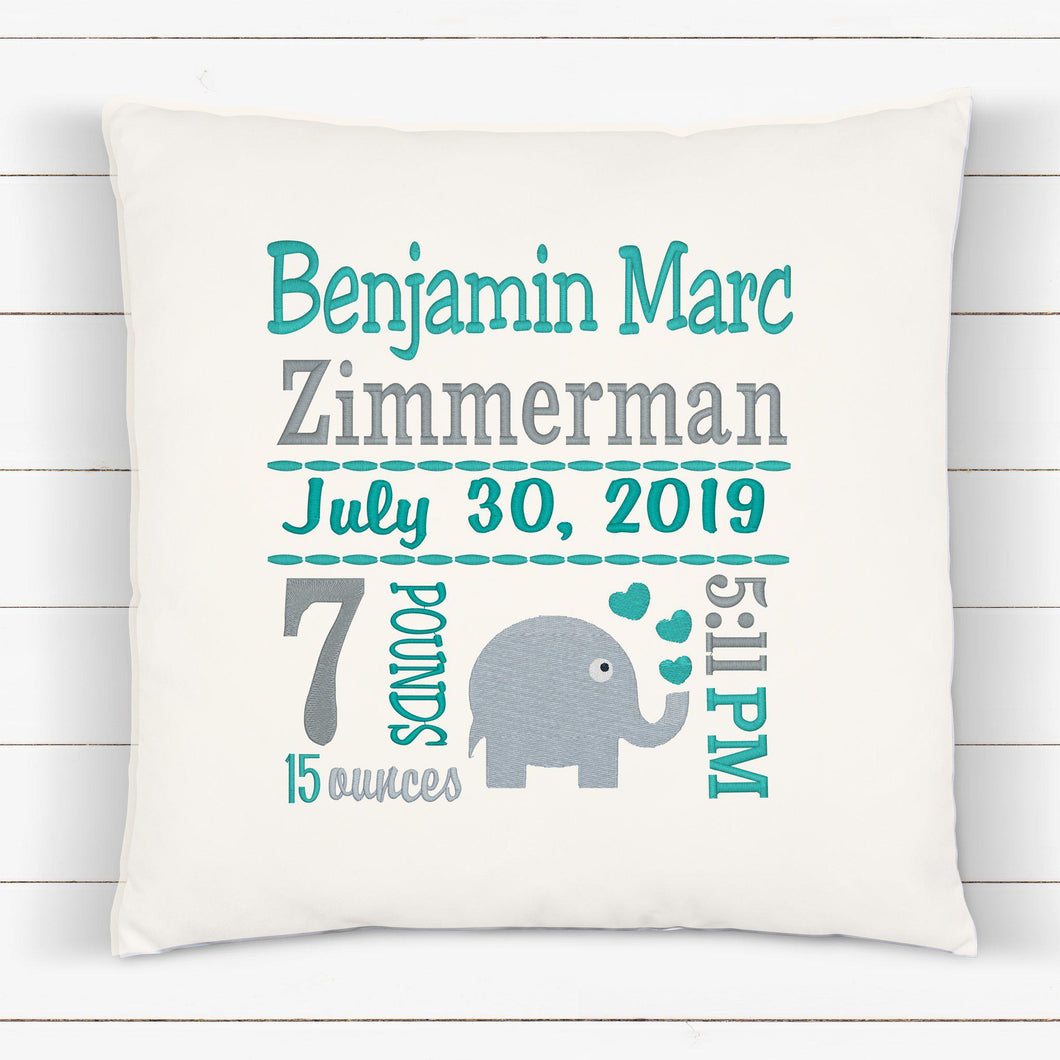 Personalized Birth Statistics Pillow - Embroidered Teal Elephant Design
