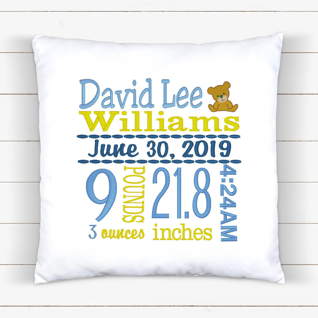 Personalized Birth Statistics Pillow - Embroidered Teddy Bear Design