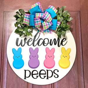 Welcome Peeps - Easter Round Wood Door Wreath