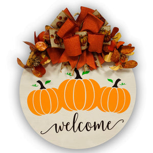 Fall Welcome With Pumpkins Door Hanger - Round Wood Door Wreath