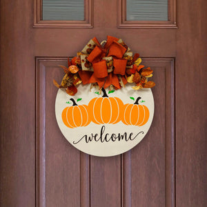 Fall Welcome With Pumpkins Door Hanger - Round Wood Door Wreath
