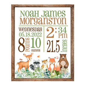 Woodland Animals Birth Statistics Art Print - Boy